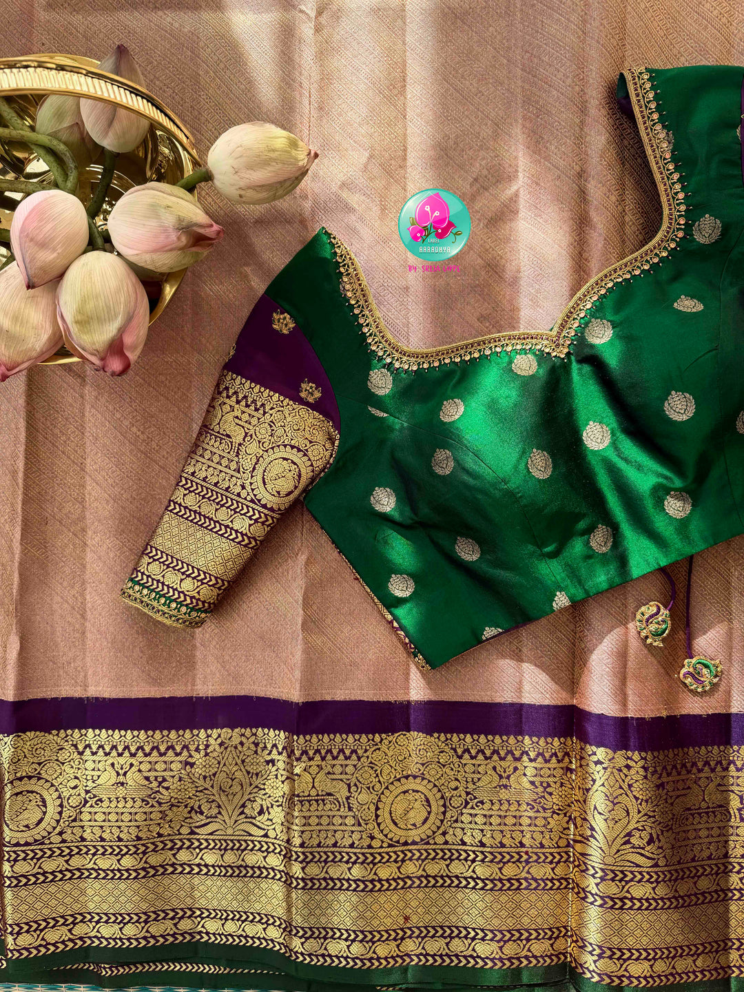 Ethereal Metallic Lilac & Emerald Jewel: Exclusive Pure Handloom Lavender Gadwal Brocade Saree with Multi-Tone Designer Maggam Blouse