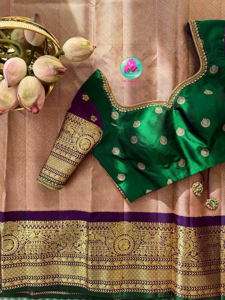 Ethereal Metallic Lilac & Emerald Jewel: Exclusive Pure Handloom Lavender Gadwal Brocade Saree with Multi-Tone Designer Maggam Blouse