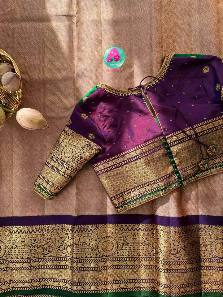 Ethereal Metallic Lilac & Emerald Jewel: Exclusive Pure Handloom Lavender Gadwal Brocade Saree with Multi-Tone Designer Maggam Blouse