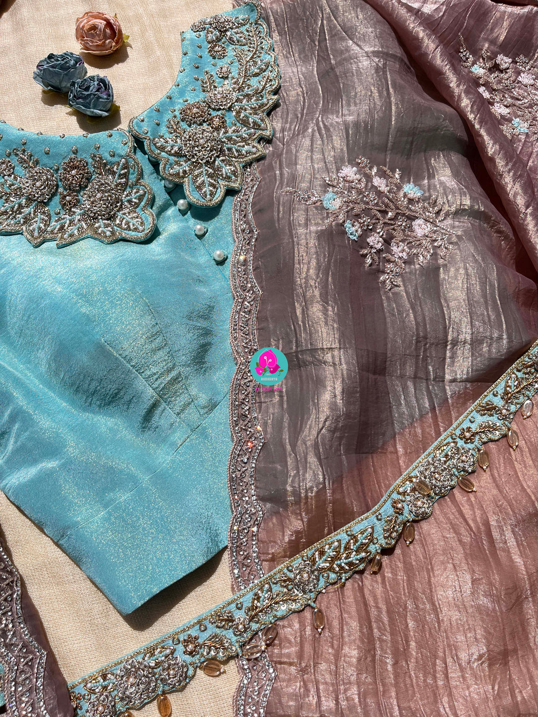 Hand embroidered soft crush organza saree paired with hand embroidered Blouse & Belt