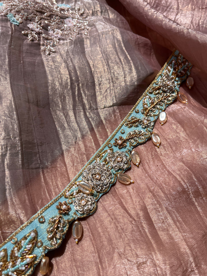 Hand embroidered soft crush organza saree paired with hand embroidered Blouse & Belt