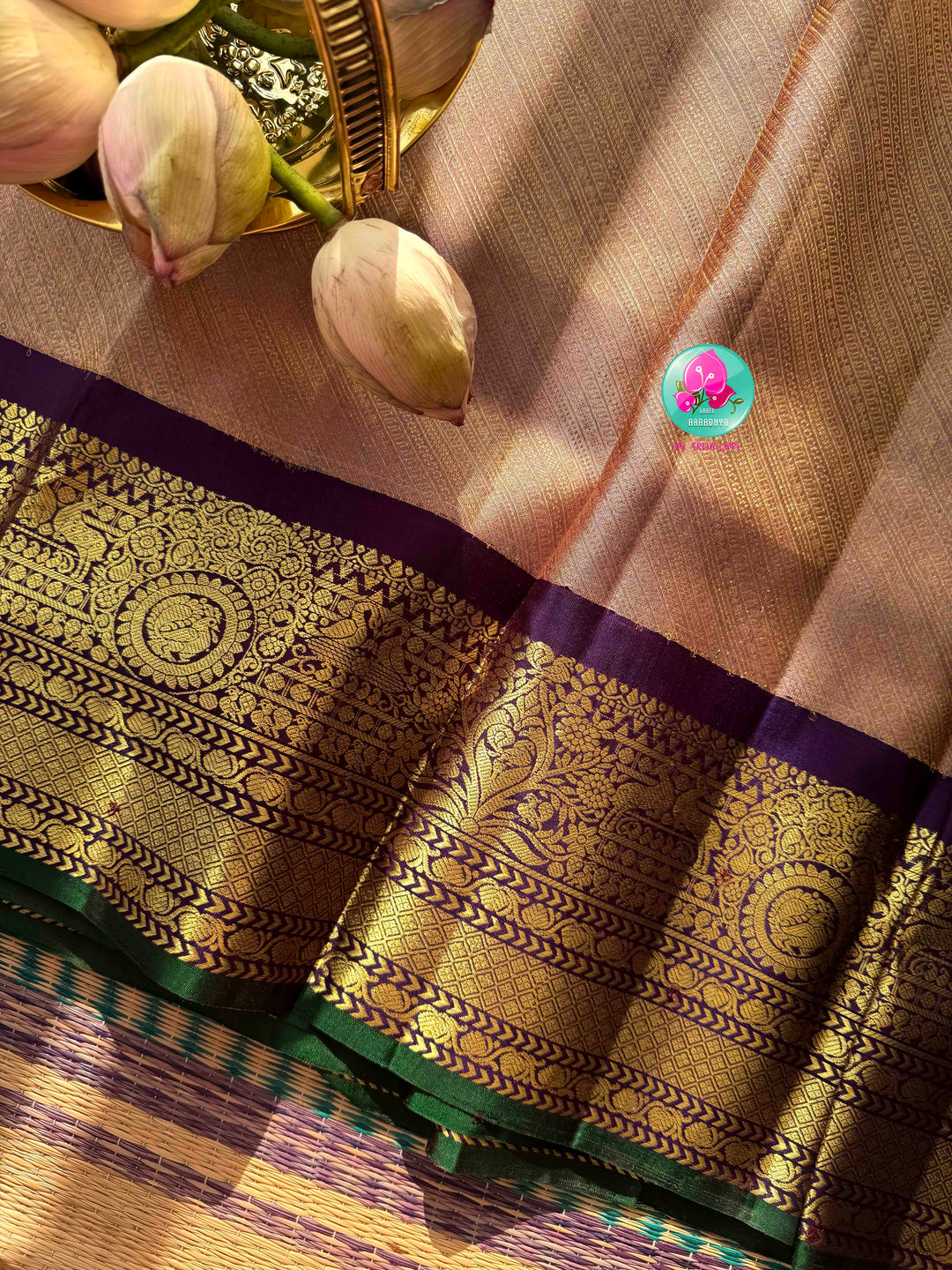 Ethereal Metallic Lilac & Emerald Jewel: Exclusive Pure Handloom Lavender Gadwal Brocade Saree with Multi-Tone Designer Maggam Blouse