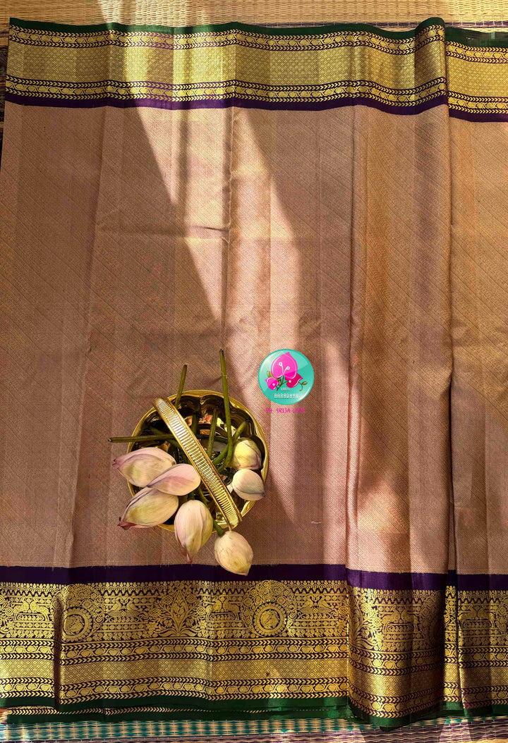 Ethereal Metallic Lilac & Emerald Jewel: Exclusive Pure Handloom Lavender Gadwal Brocade Saree with Multi-Tone Designer Maggam Blouse