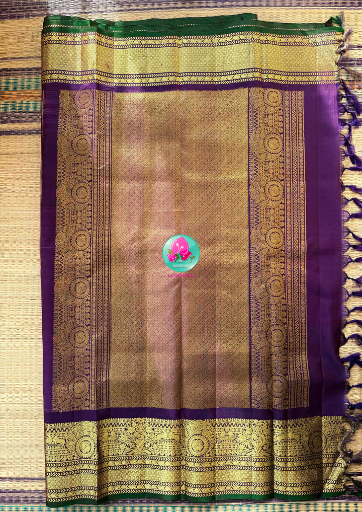 Ethereal Metallic Lilac & Emerald Jewel: Exclusive Pure Handloom Lavender Gadwal Brocade Saree with Multi-Tone Designer Maggam Blouse