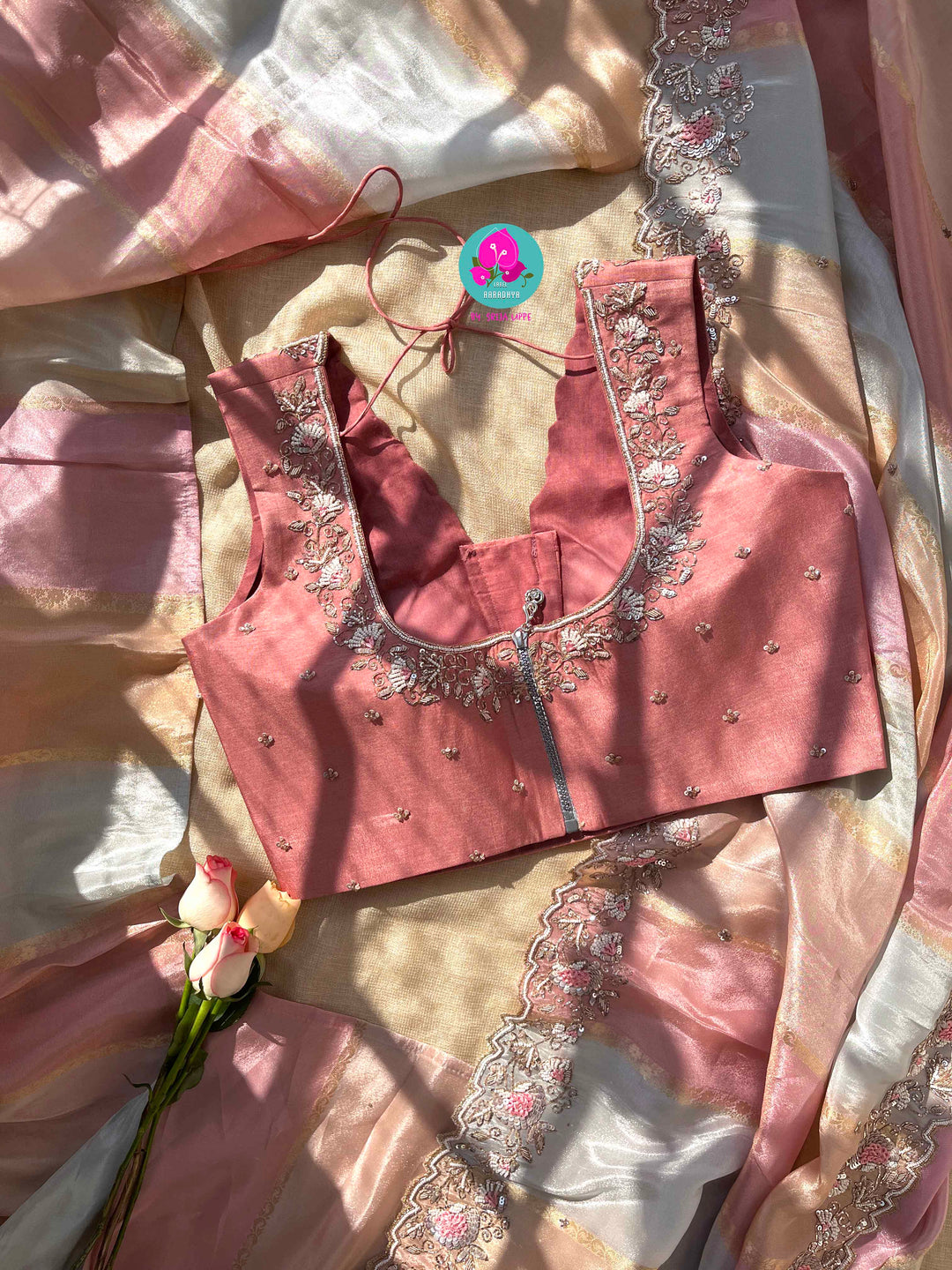 The Gossamer Dream: Soft pastel Pink-Orange-Blue Saree with Delicate Scalloped Embroidery