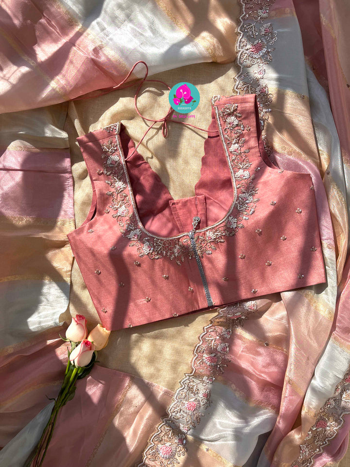 The Gossamer Dream: Soft pastel Pink-Orange-Blue Saree with Delicate Scalloped Embroidery