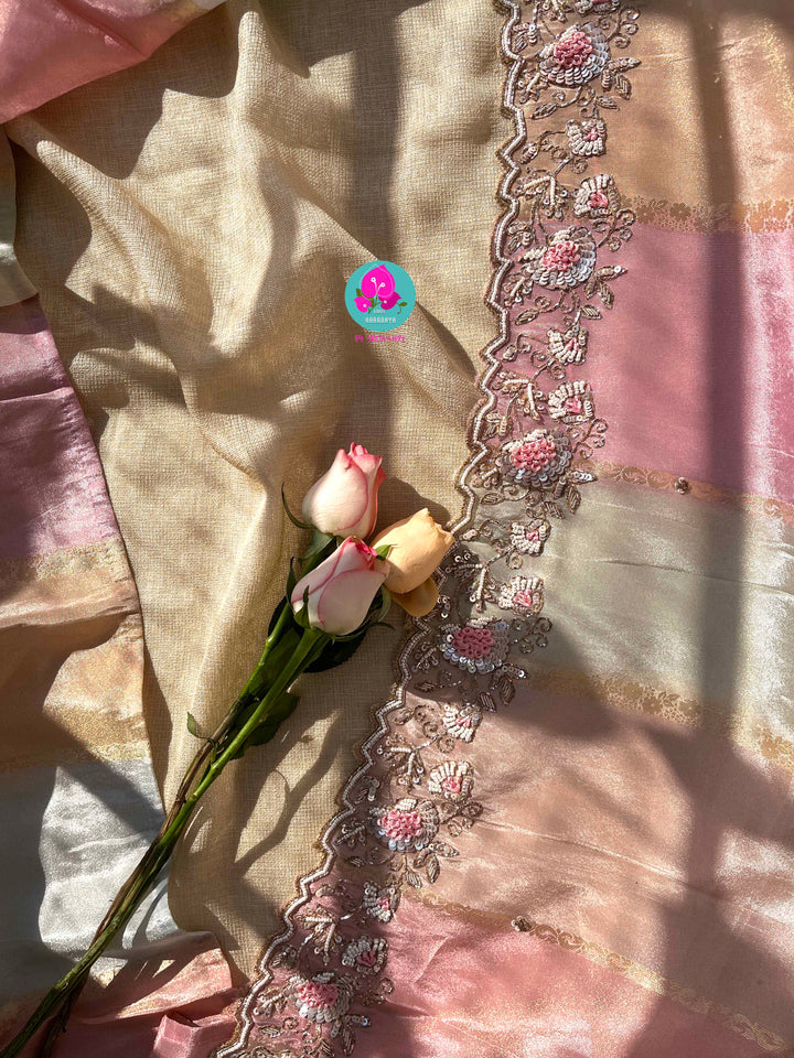 The Gossamer Dream: Soft pastel Pink-Orange-Blue Saree with Delicate Scalloped Embroidery