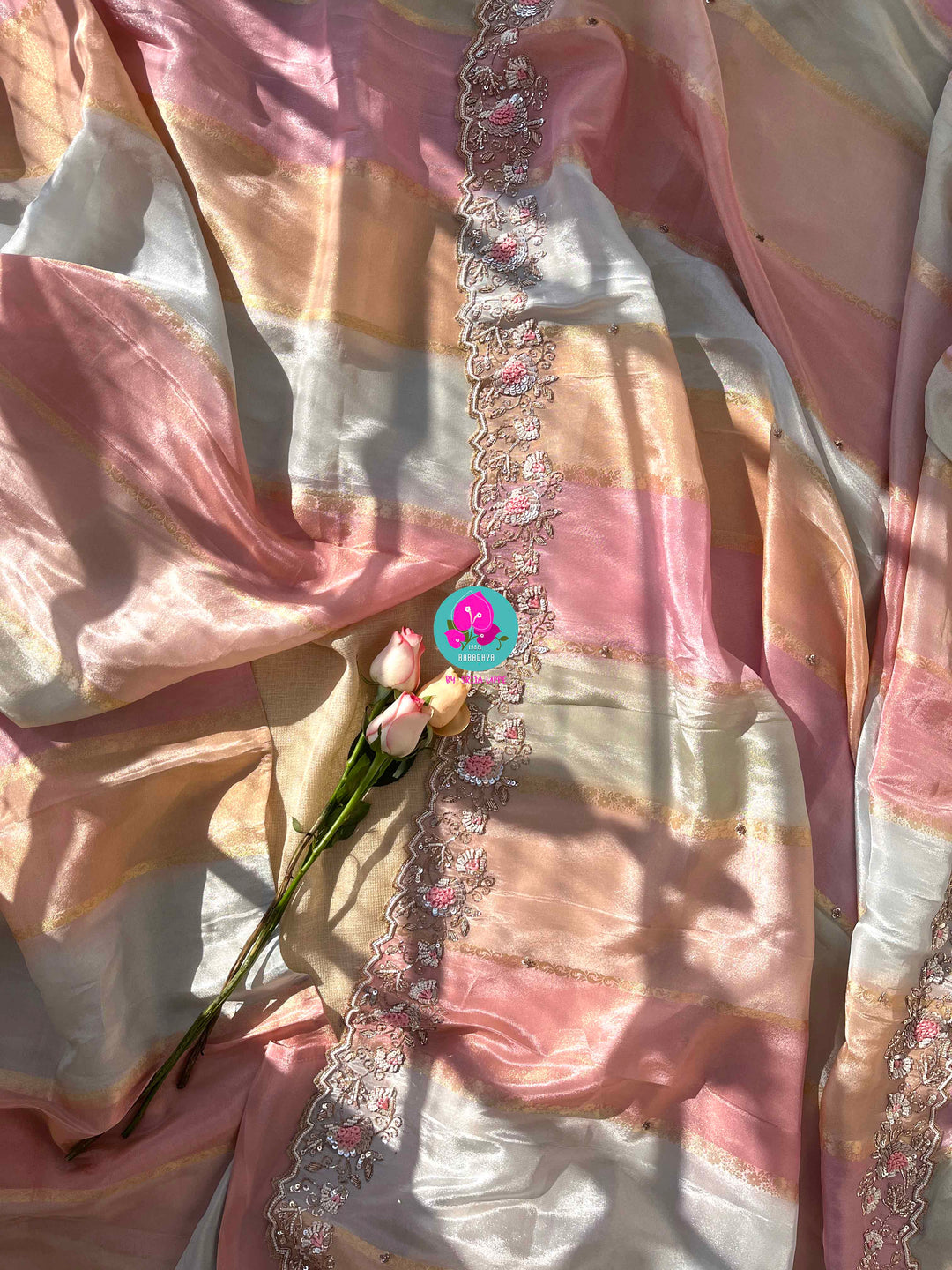 The Gossamer Dream: Soft pastel Pink-Orange-Blue Saree with Delicate Scalloped Embroidery