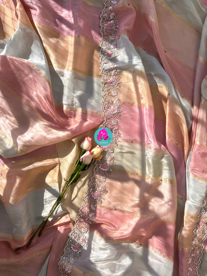 The Gossamer Dream: Soft pastel Pink-Orange-Blue Saree with Delicate Scalloped Embroidery