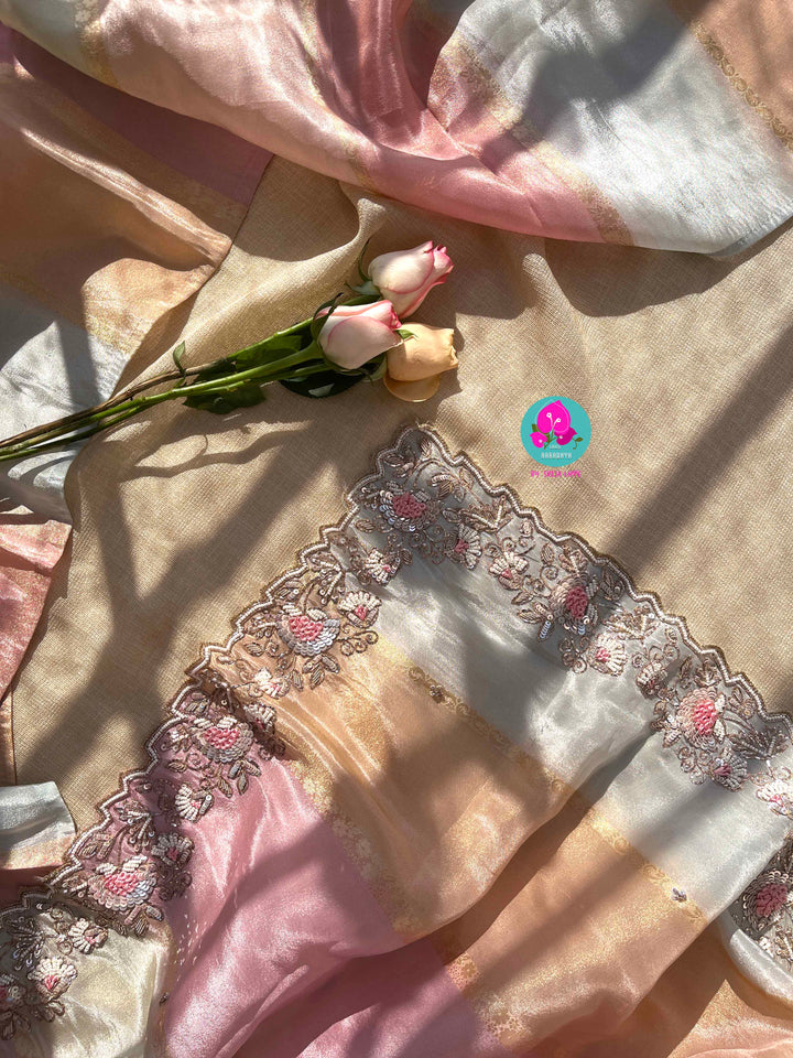 The Gossamer Dream: Soft pastel Pink-Orange-Blue Saree with Delicate Scalloped Embroidery