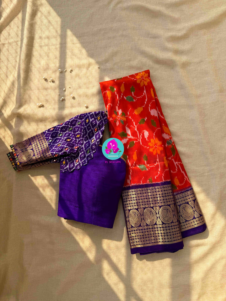 Sunset Symphony: Orange Ikkat Silk with Scalloped Mirror Artistry