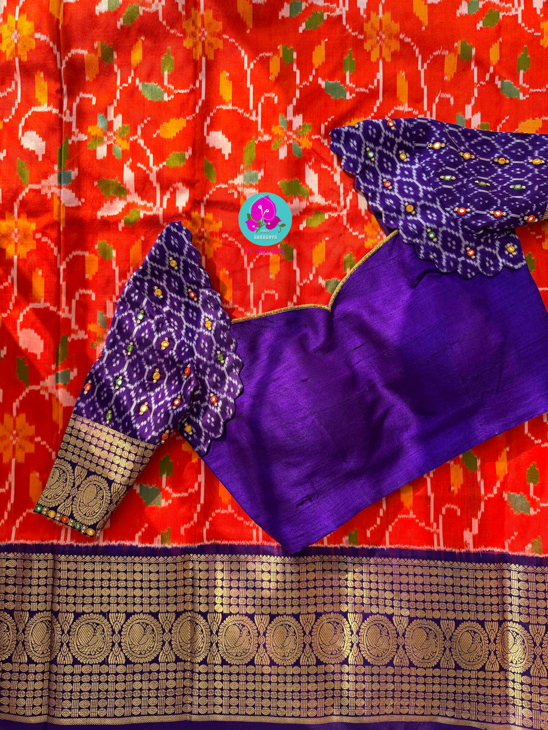 Sunset Symphony: Orange Ikkat Silk with Scalloped Mirror Artistry