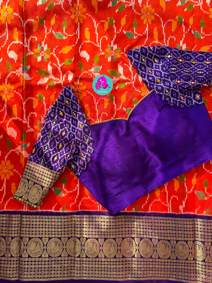 Sunset Symphony: Orange Ikkat Silk with Scalloped Mirror Artistry