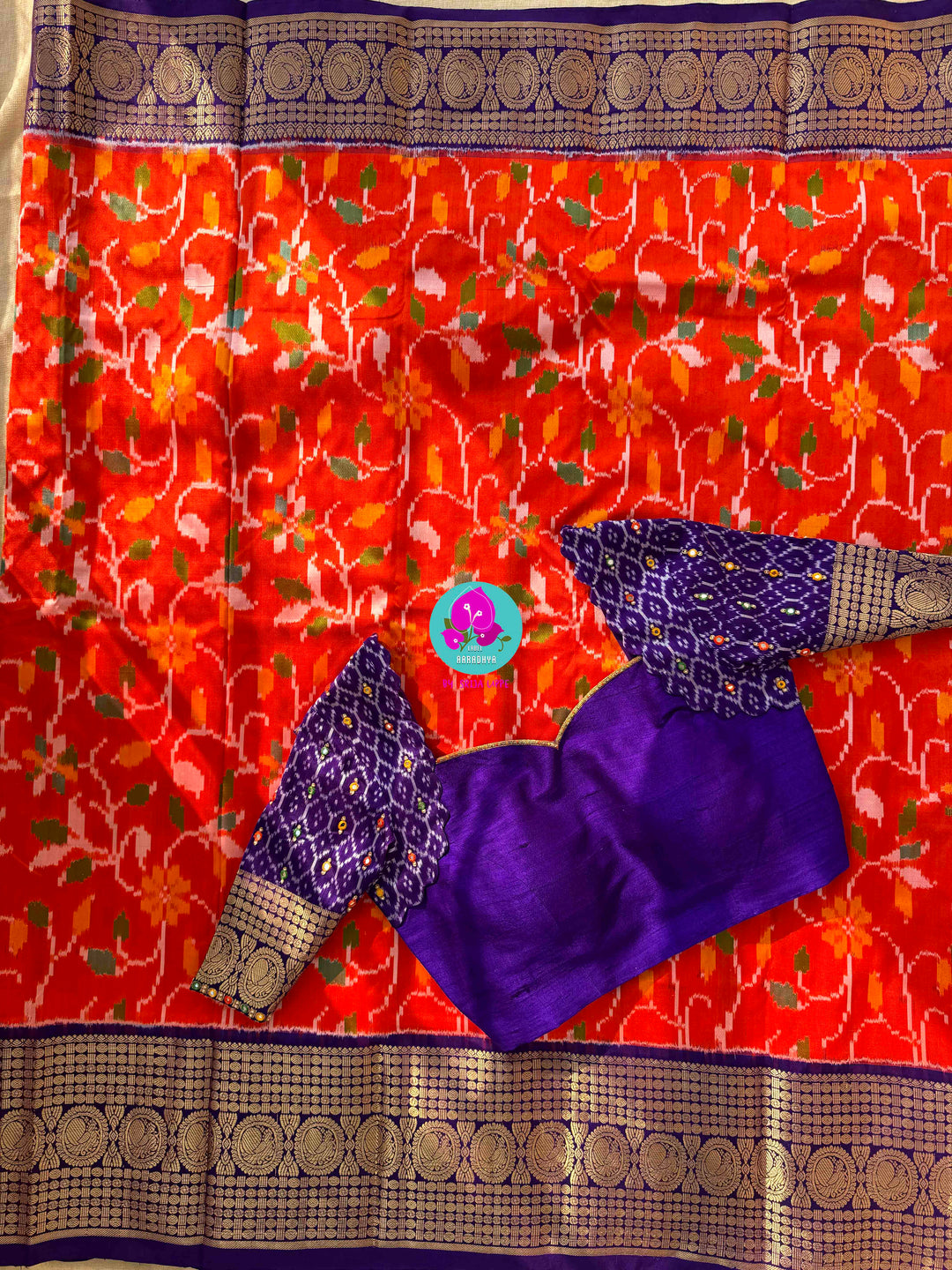 Sunset Symphony: Orange Ikkat Silk with Scalloped Mirror Artistry