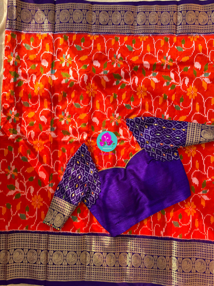 Sunset Symphony: Orange Ikkat Silk with Scalloped Mirror Artistry