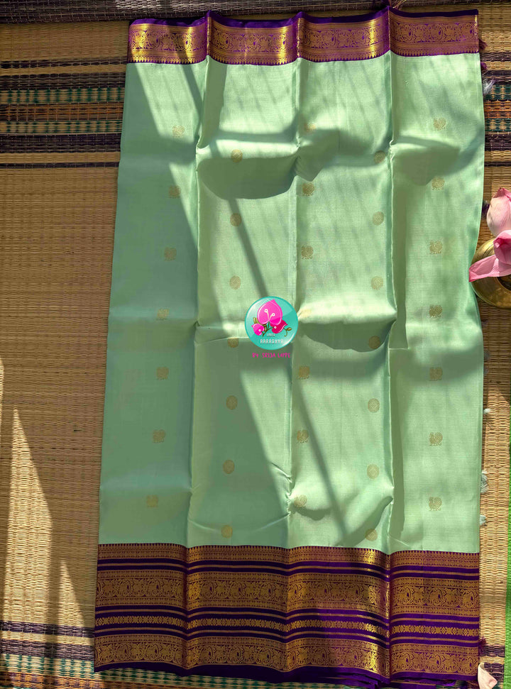 Pastel Serenity & Amethyst Majesty: Lux Green Pure Kanchipattu Saree with Royal Purple Border & Hand-Embroidered Maggam Blouse