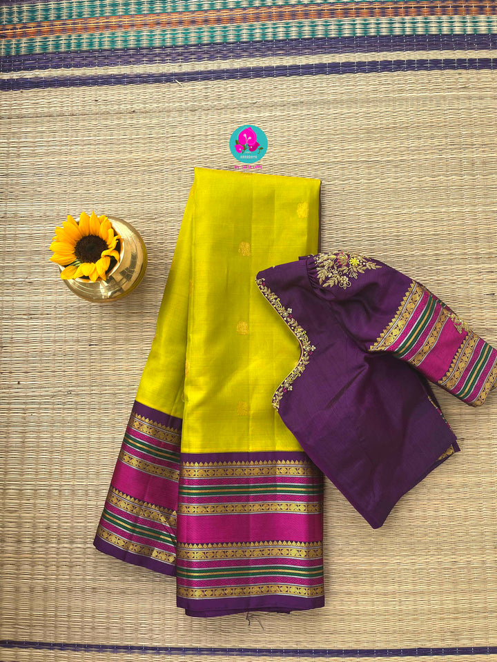 2G Zari Pure Kanchipuram saree with vintage Sampangi green paired with hand embroidered contrast blouse