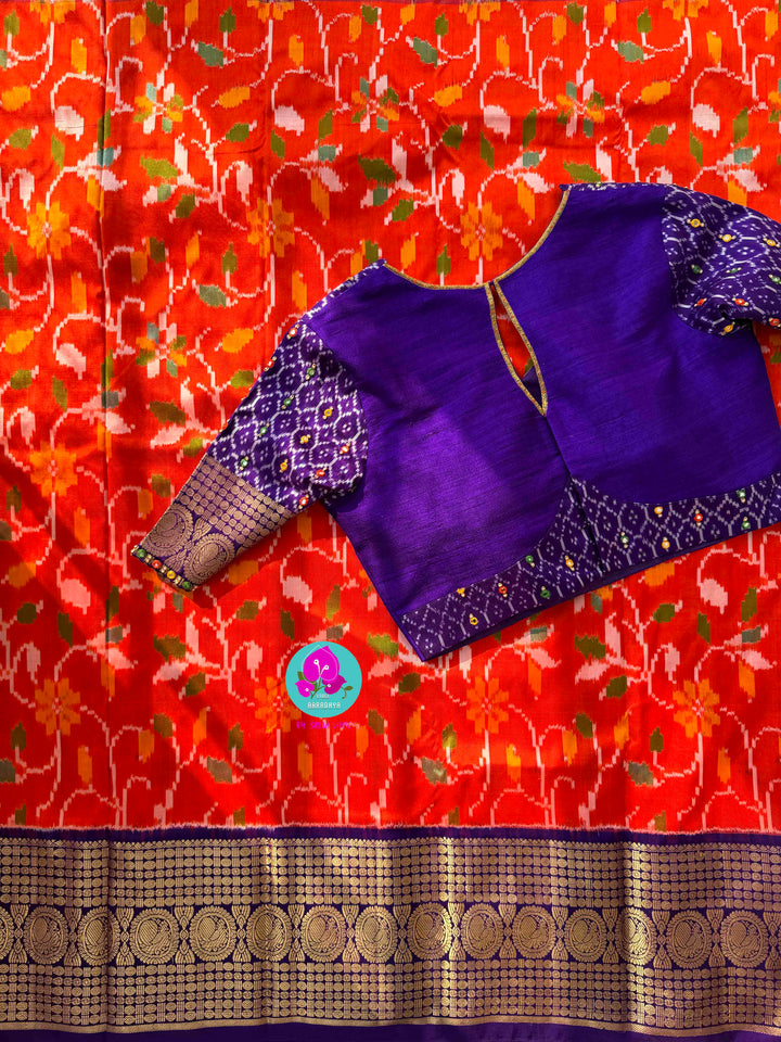 Sunset Symphony: Orange Ikkat Silk with Scalloped Mirror Artistry