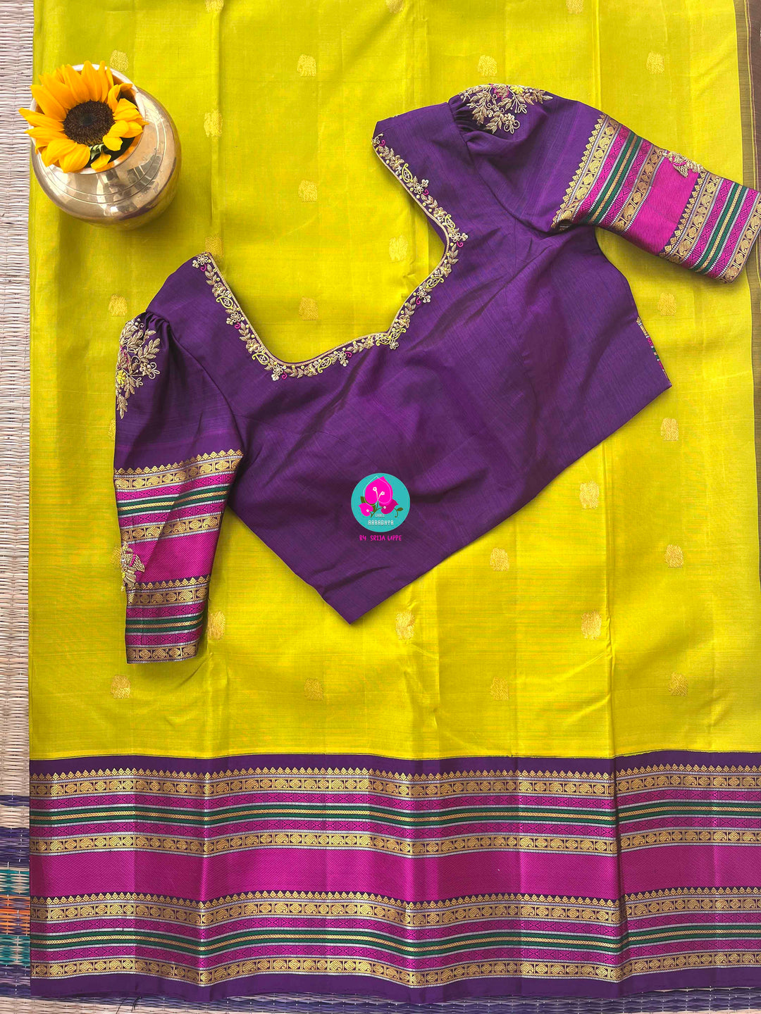 2G Zari Pure Kanchipuram saree with vintage Sampangi green paired with hand embroidered contrast blouse