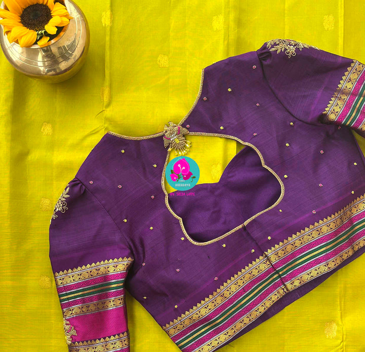 2G Zari Pure Kanchipuram saree with vintage Sampangi green paired with hand embroidered contrast blouse