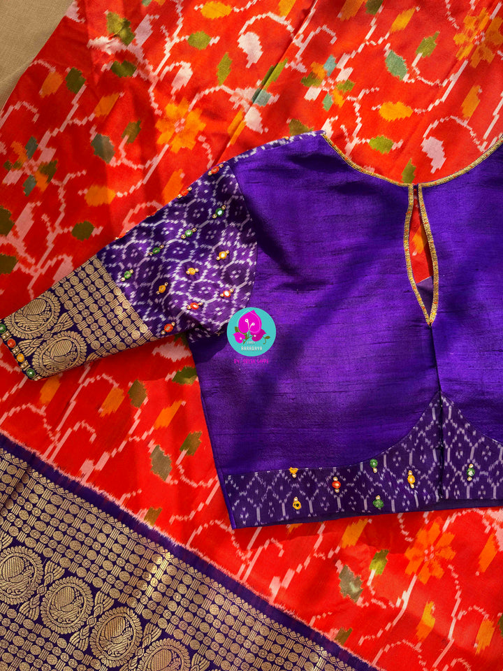 Sunset Symphony: Orange Ikkat Silk with Scalloped Mirror Artistry