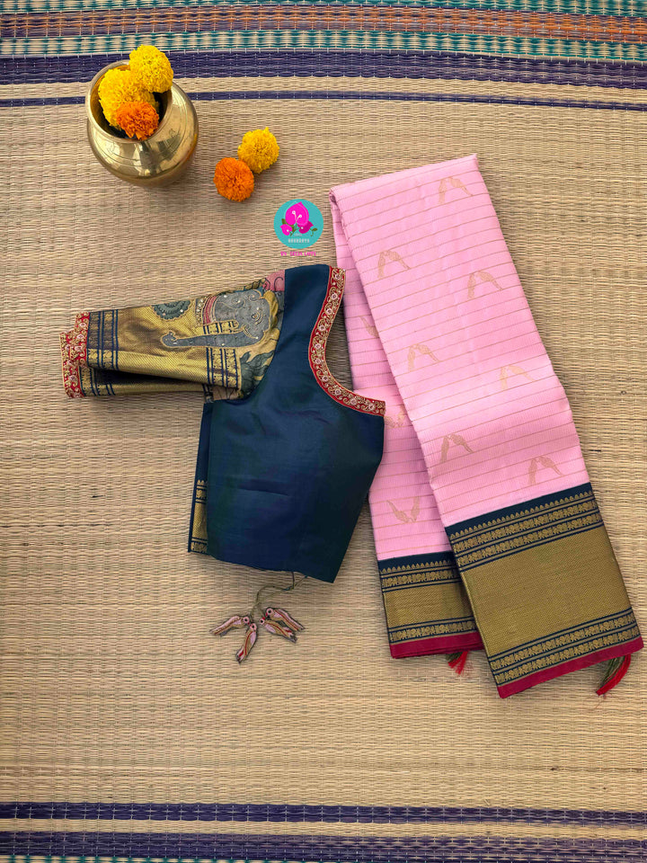 A Bird’s Song in Pink: Handloom Kanchipattu Saree with Kalamkari Appliqué Art blouse
