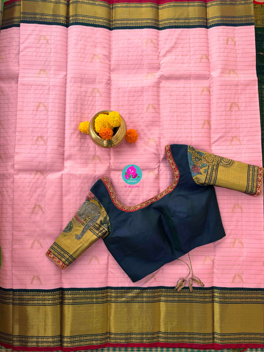 A Bird’s Song in Pink: Handloom Kanchipattu Saree with Kalamkari Appliqué Art blouse