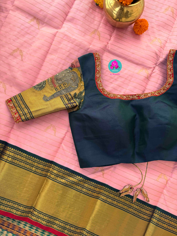 A Bird’s Song in Pink: Handloom Kanchipattu Saree with Kalamkari Appliqué Art blouse