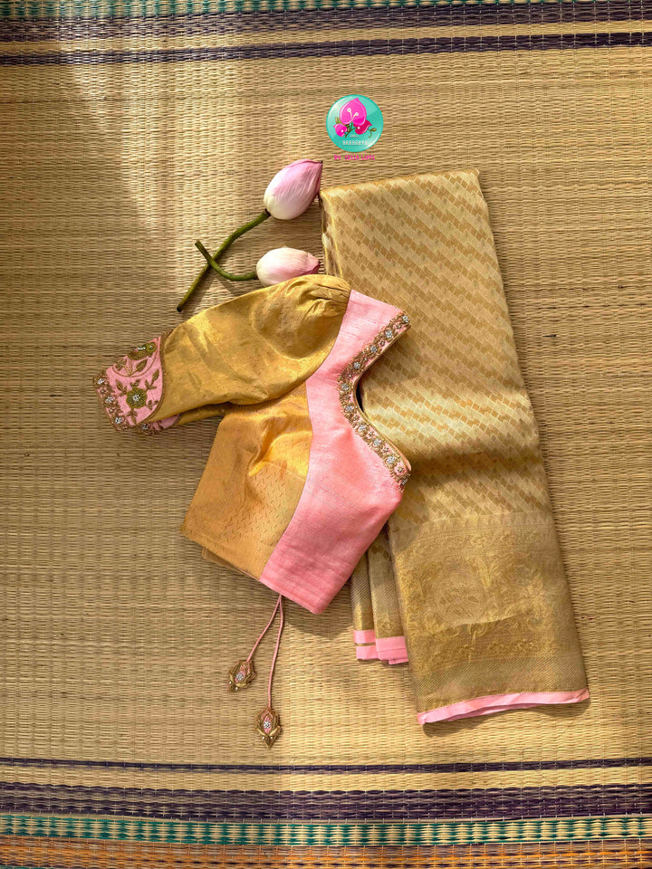 Gilded Gold Radiance & Lotus Blush: Pure Meenakari Kanchipattu Silk Saree with Hand-Embroidered Fusion Blouse