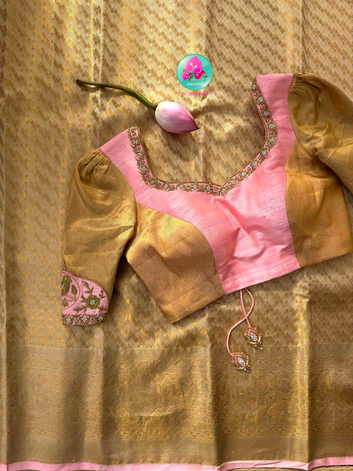 Gilded Gold Radiance & Lotus Blush: Pure Meenakari Kanchipattu Silk Saree with Hand-Embroidered Fusion Blouse