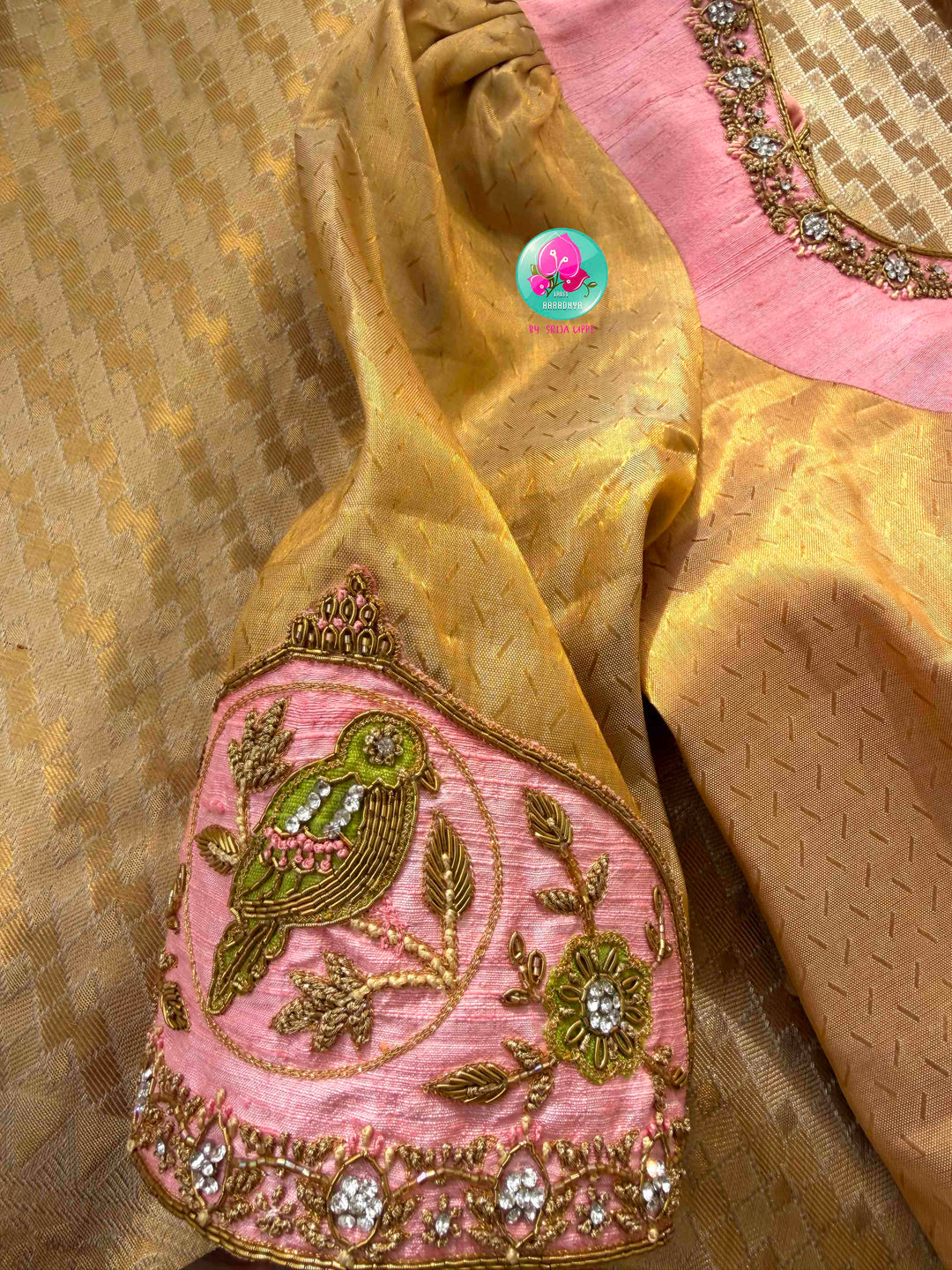 Gilded Gold Radiance & Lotus Blush: Pure Meenakari Kanchipattu Silk Saree with Hand-Embroidered Fusion Blouse