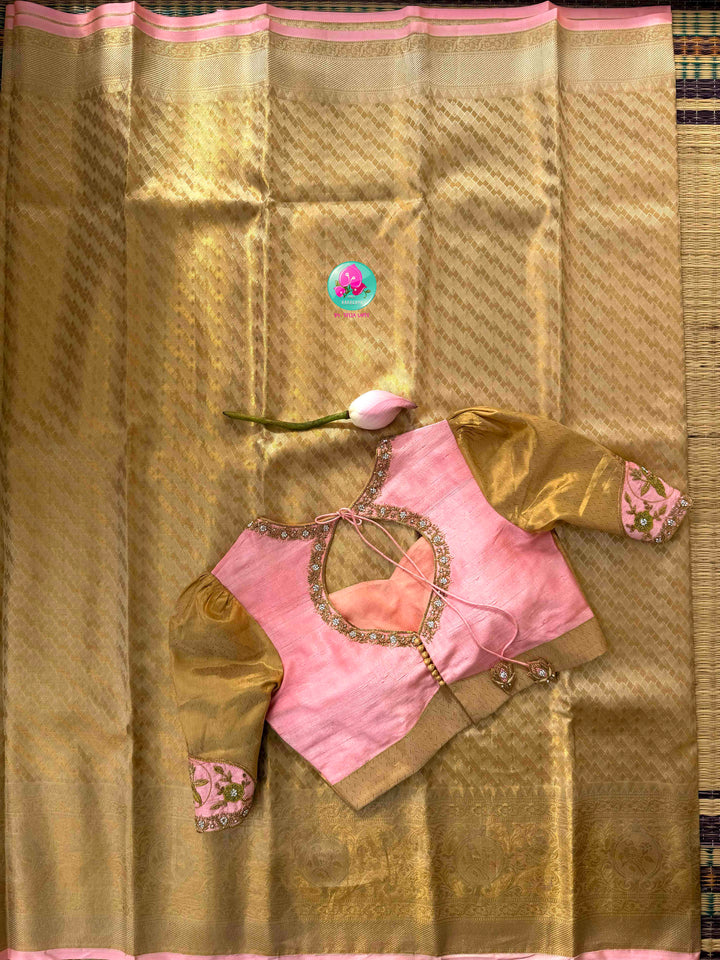 Gilded Gold Radiance & Lotus Blush: Pure Meenakari Kanchipattu Silk Saree with Hand-Embroidered Fusion Blouse