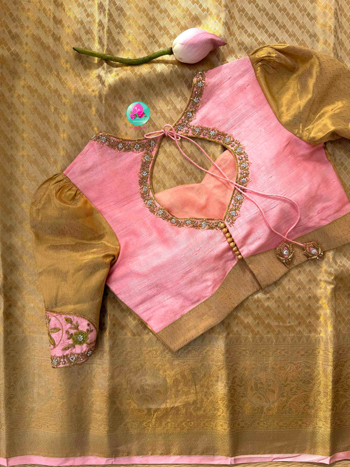 Gilded Gold Radiance & Lotus Blush: Pure Meenakari Kanchipattu Silk Saree with Hand-Embroidered Fusion Blouse
