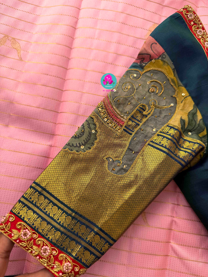 A Bird’s Song in Pink: Handloom Kanchipattu Saree with Kalamkari Appliqué Art blouse