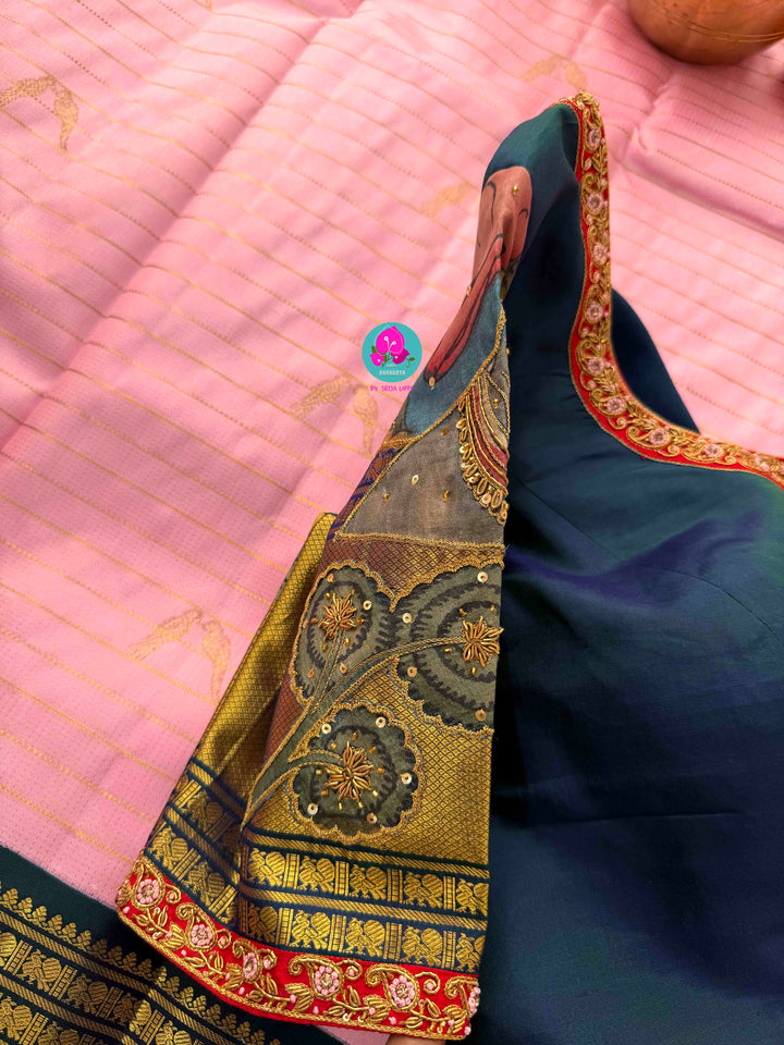 A Bird’s Song in Pink: Handloom Kanchipattu Saree with Kalamkari Appliqué Art blouse
