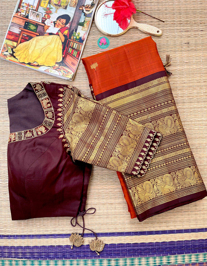 Pure 2g zari Kanchipattu saree with hand embroidered blouse