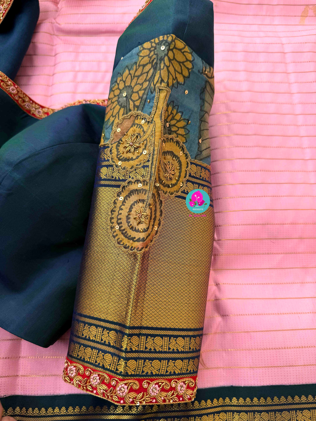 A Bird’s Song in Pink: Handloom Kanchipattu Saree with Kalamkari Appliqué Art blouse