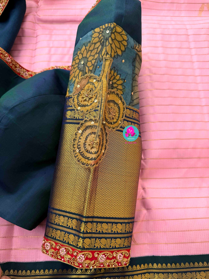 A Bird’s Song in Pink: Handloom Kanchipattu Saree with Kalamkari Appliqué Art blouse