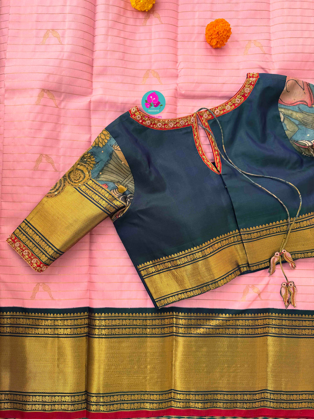 A Bird’s Song in Pink: Handloom Kanchipattu Saree with Kalamkari Appliqué Art blouse