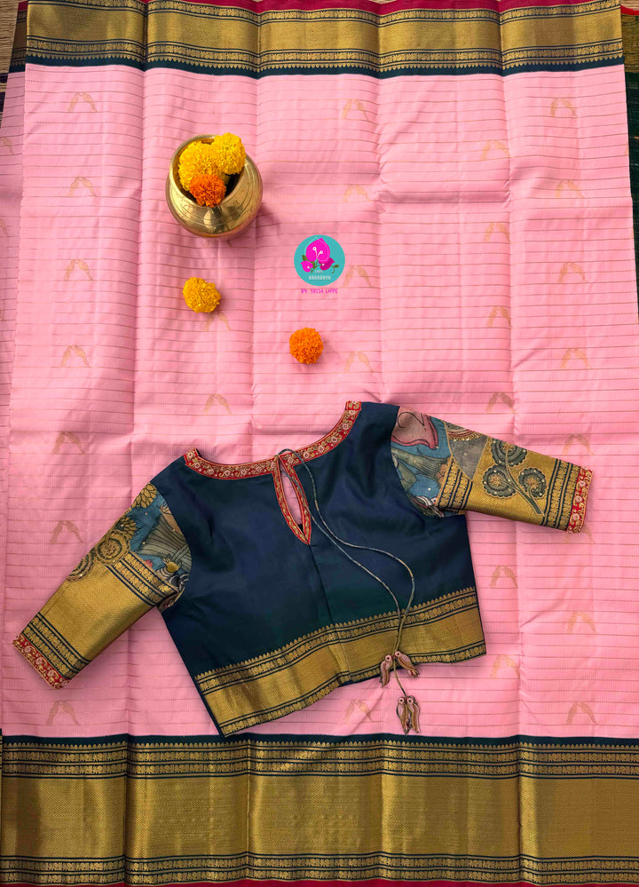 A Bird’s Song in Pink: Handloom Kanchipattu Saree with Kalamkari Appliqué Art blouse