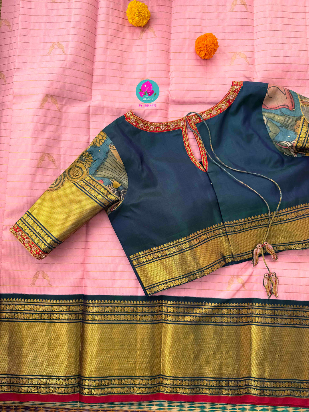 A Bird’s Song in Pink: Handloom Kanchipattu Saree with Kalamkari Appliqué Art blouse