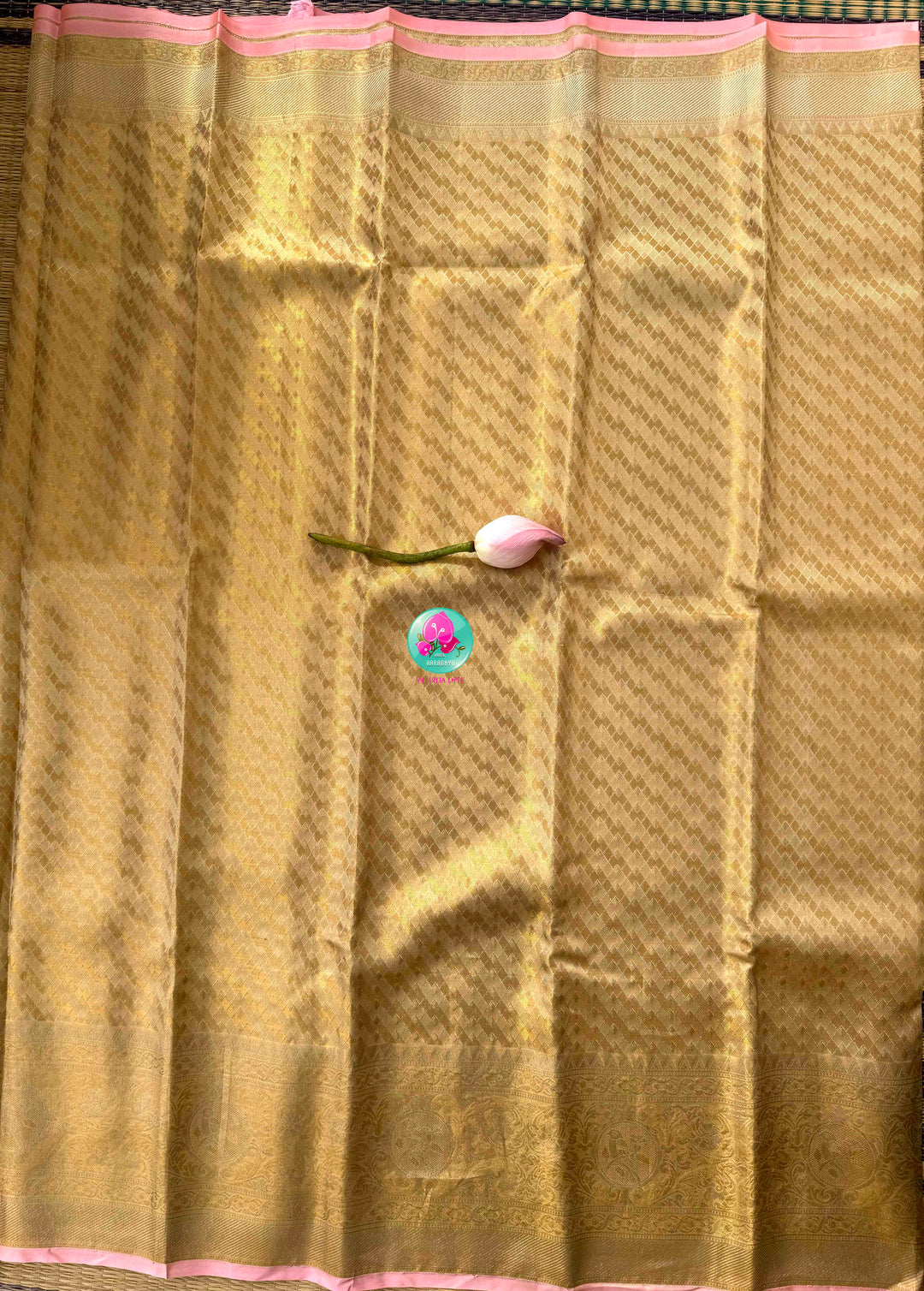 Gilded Gold Radiance & Lotus Blush: Pure Meenakari Kanchipattu Silk Saree with Hand-Embroidered Fusion Blouse