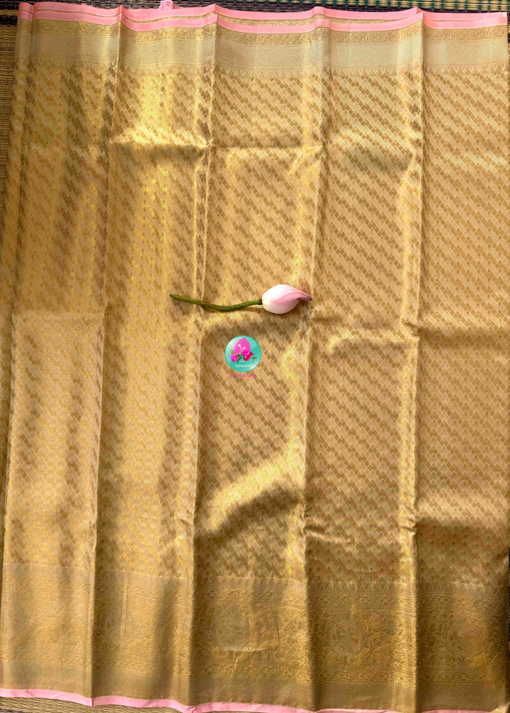 Gilded Gold Radiance & Lotus Blush: Pure Meenakari Kanchipattu Silk Saree with Hand-Embroidered Fusion Blouse