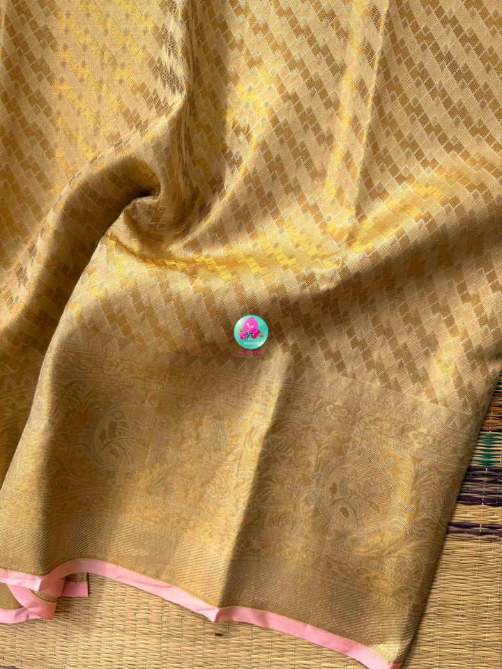 Gilded Gold Radiance & Lotus Blush: Pure Meenakari Kanchipattu Silk Saree with Hand-Embroidered Fusion Blouse