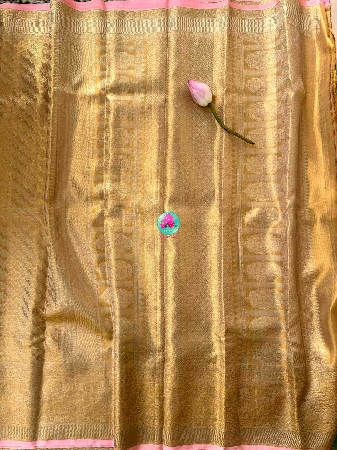 Gilded Gold Radiance & Lotus Blush: Pure Meenakari Kanchipattu Silk Saree with Hand-Embroidered Fusion Blouse