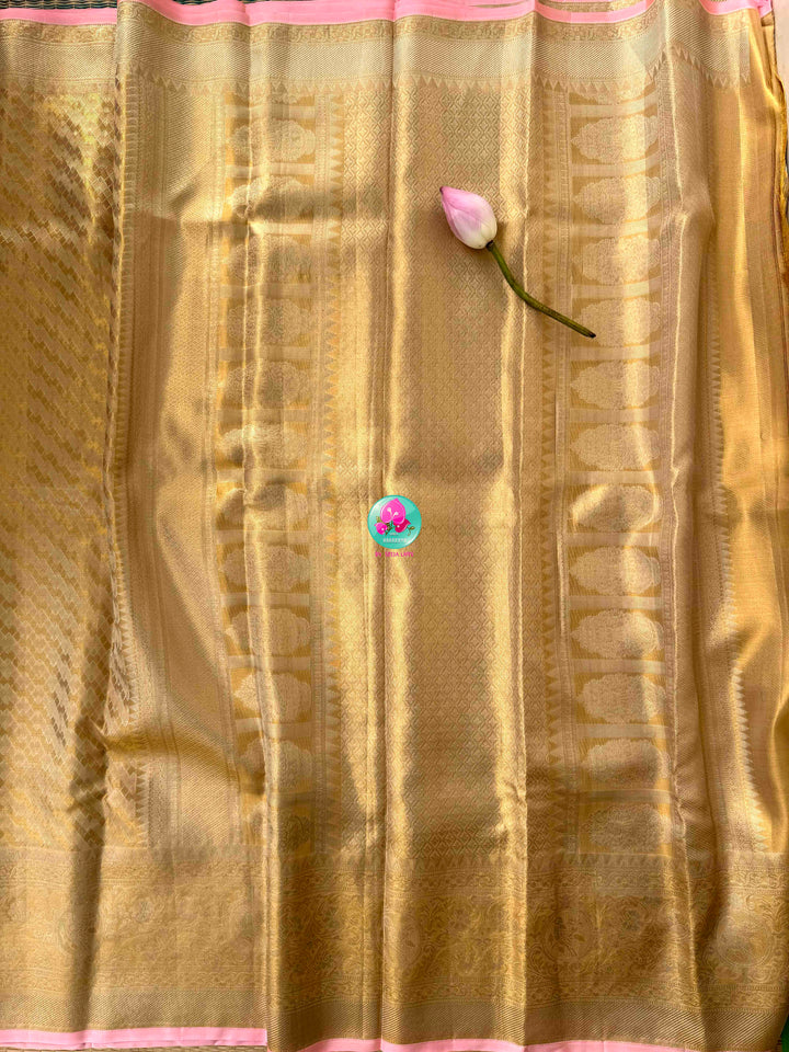 Gilded Gold Radiance & Lotus Blush: Pure Meenakari Kanchipattu Silk Saree with Hand-Embroidered Fusion Blouse