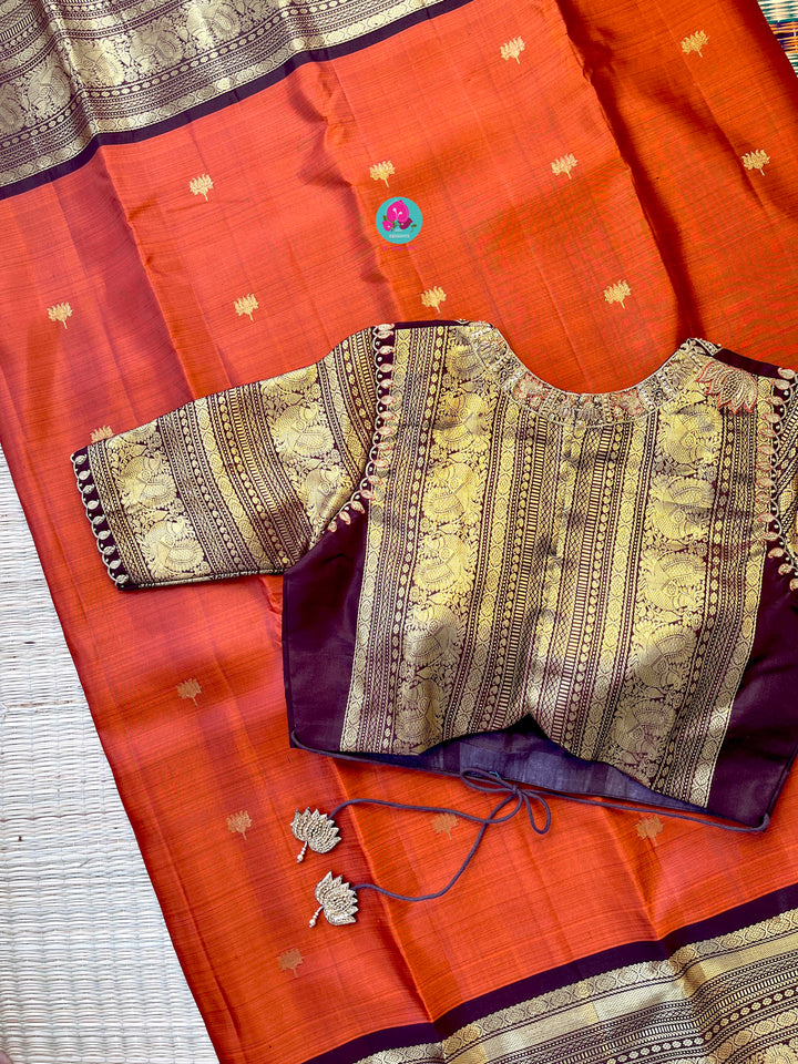 Pure 2g zari Kanchipattu saree with hand embroidered blouse