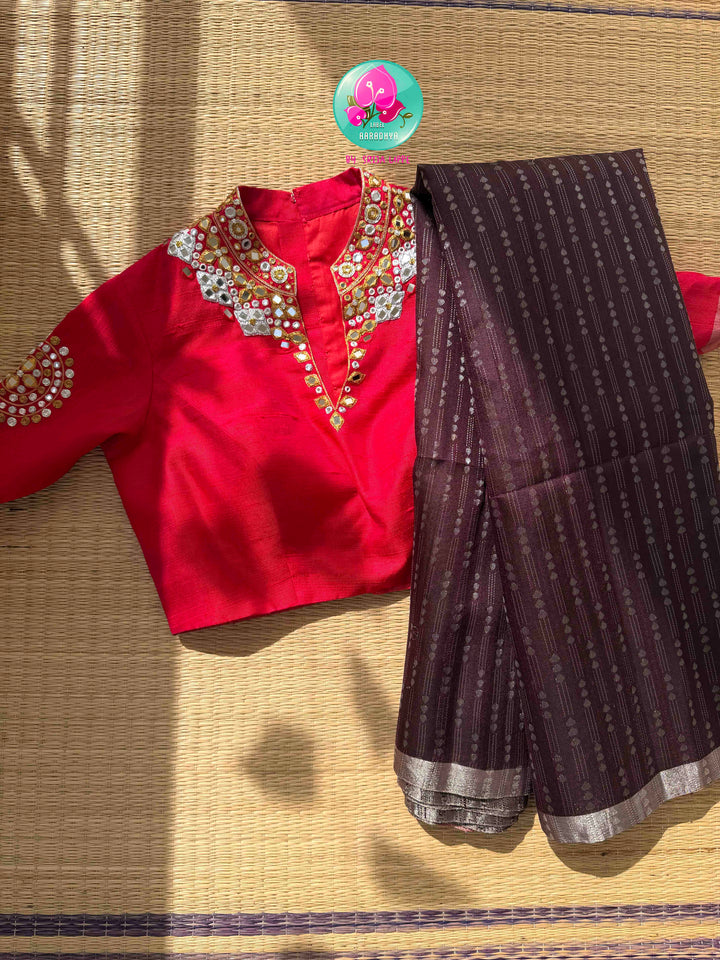 Earthy Organic Luxury & Scarlet Mirror Glamour: Pure Khadi Silk Coffee Brown Saree with Hand-Embroidered Red Mirror Blouse