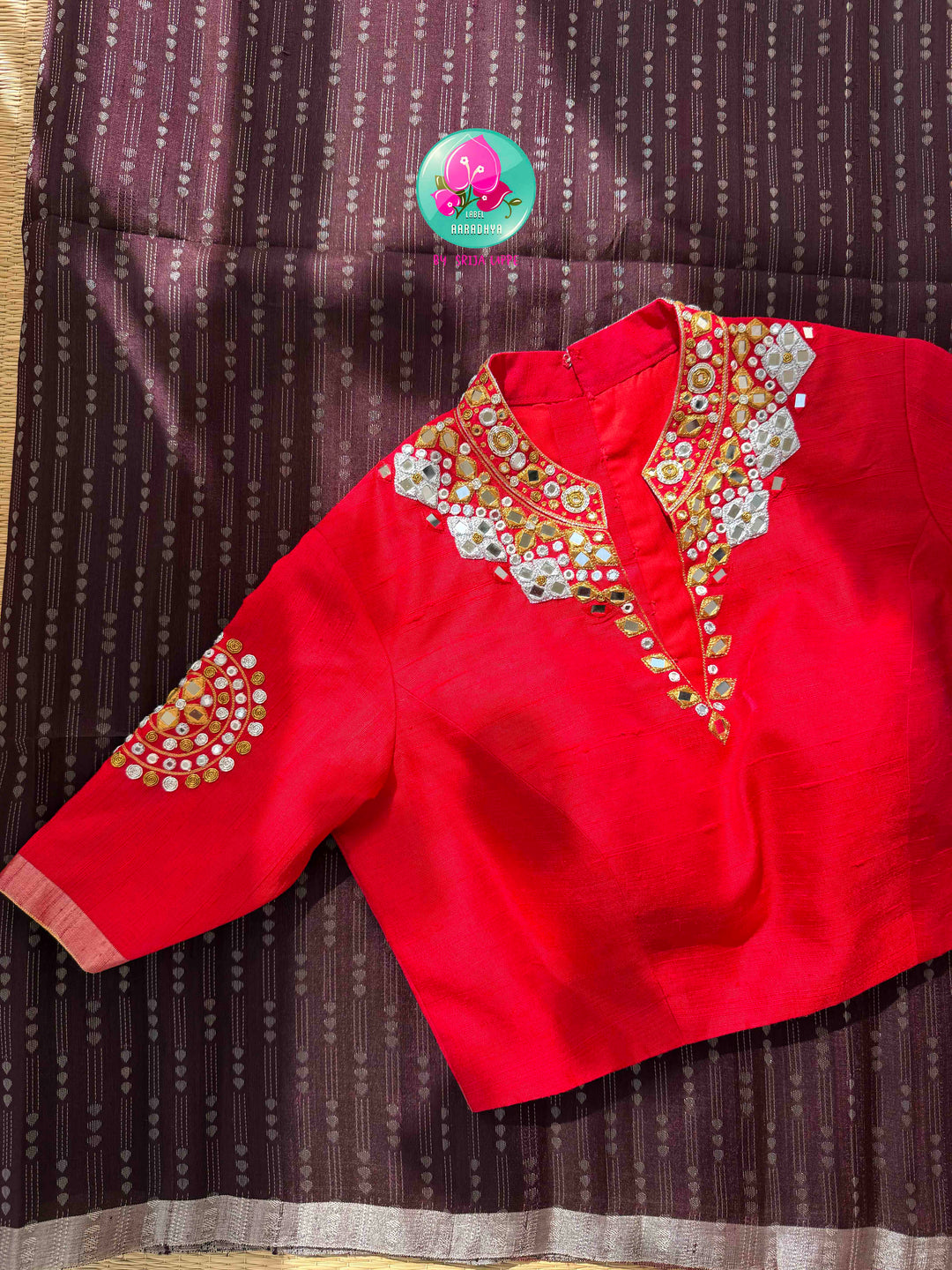 Earthy Organic Luxury & Scarlet Mirror Glamour: Pure Khadi Silk Coffee Brown Saree with Hand-Embroidered Red Mirror Blouse