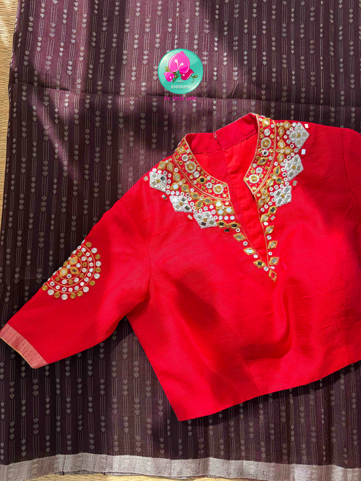 Earthy Organic Luxury & Scarlet Mirror Glamour: Pure Khadi Silk Coffee Brown Saree with Hand-Embroidered Red Mirror Blouse
